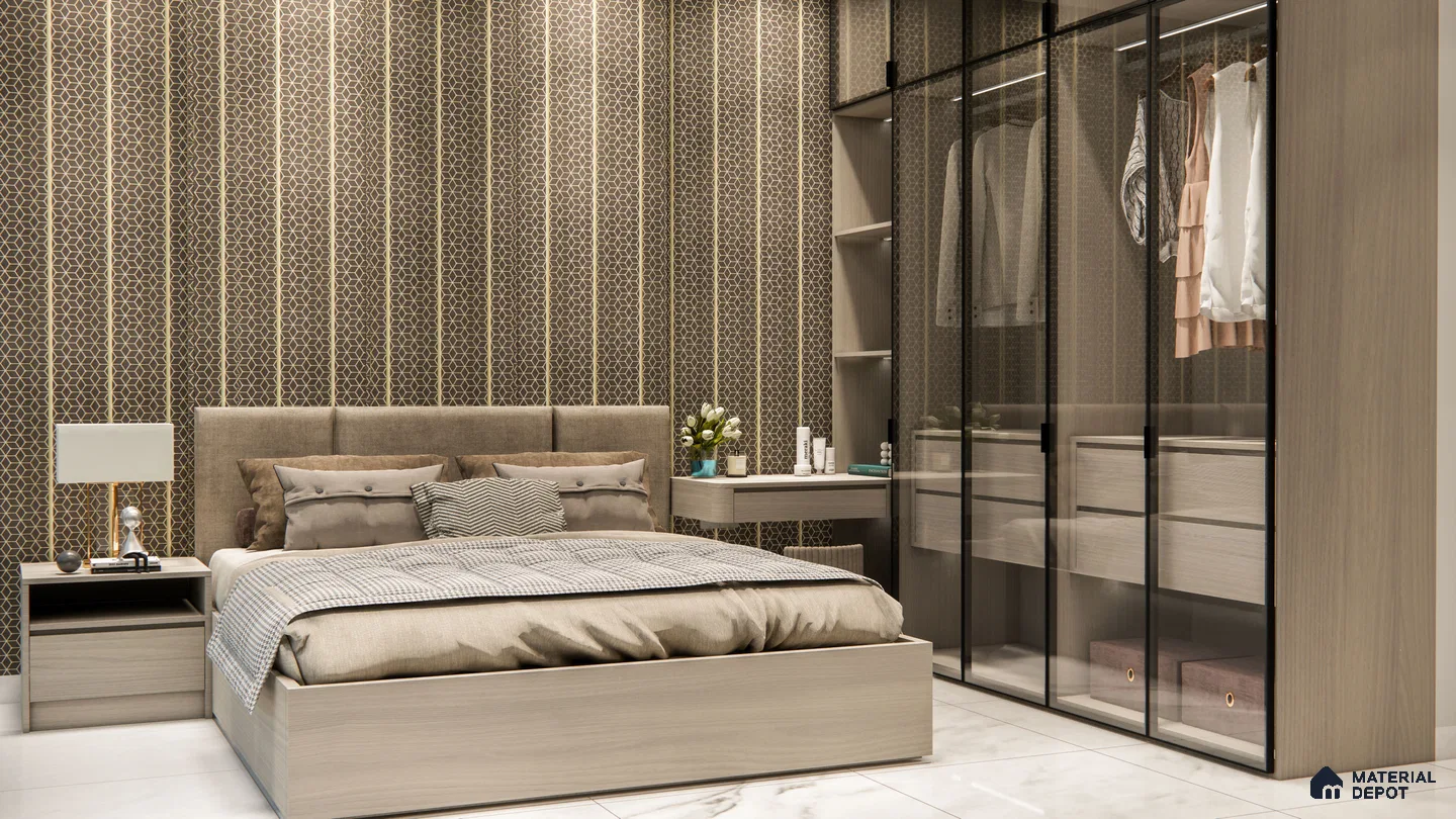 Elegant Bedroom with Geometric Fluted Panels and Glass Wardrobe | Material Depot
