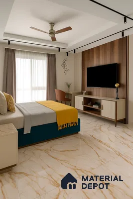 Elegant Bedroom with Glossy Golden Vein Marble Flooring and Wood Accent Wall in 2 BHK Sobha Palm Springs, Varthur | Material Depot