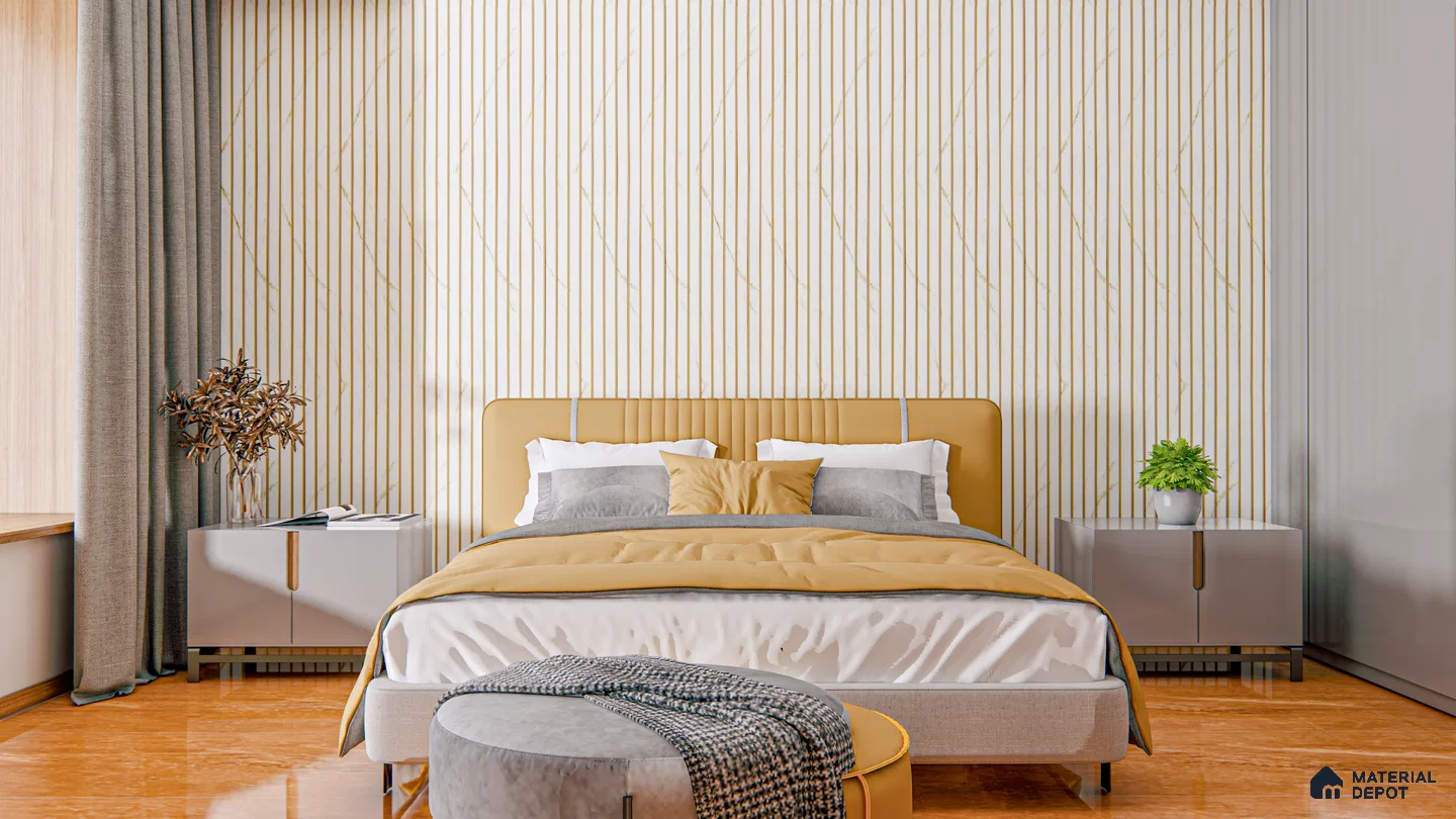 Elegant Bedroom with Marble Look Fluted Panel Accent Wall | Material Depot