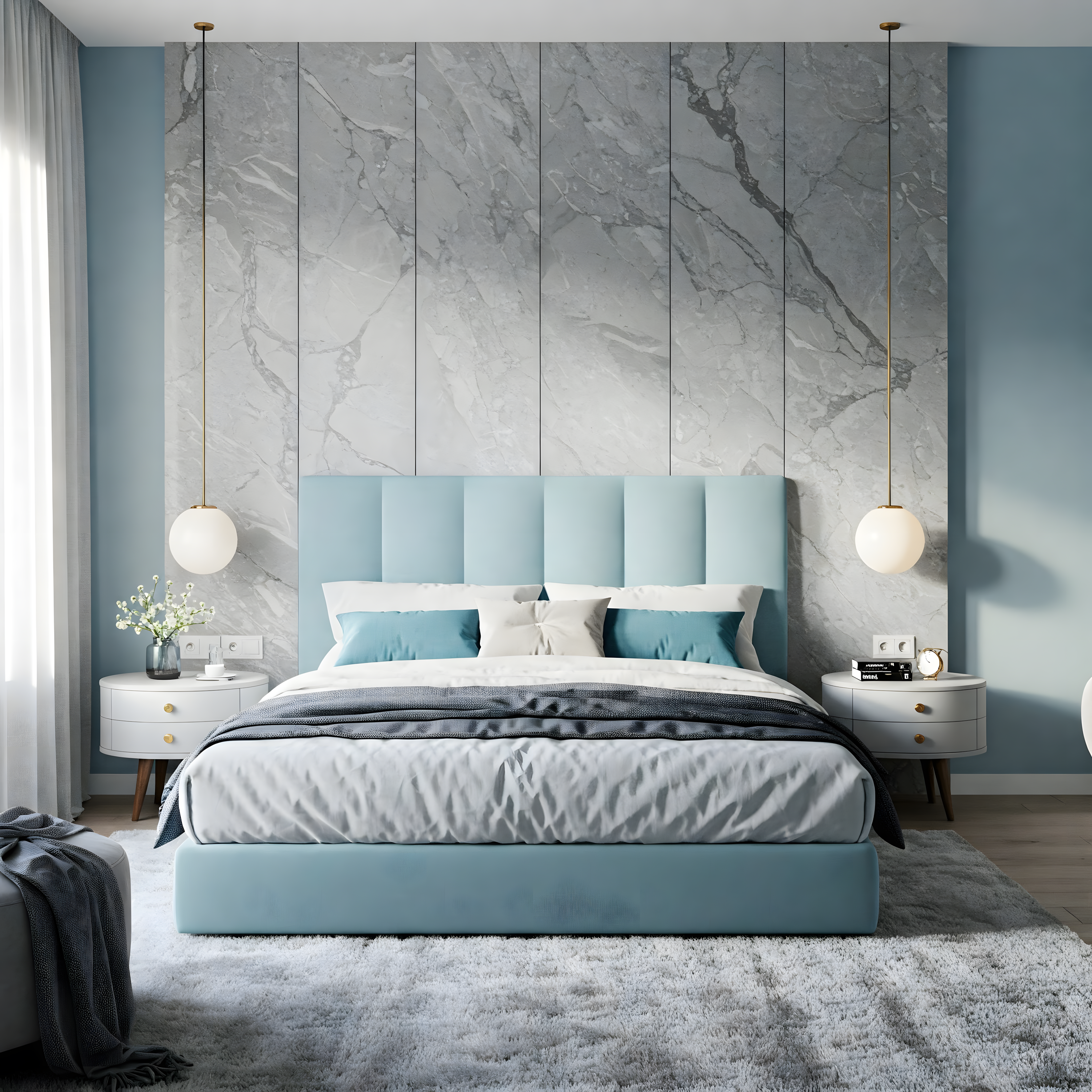 Elegant Bedroom with Marble Tile Accent Wall and Powder Blue Upholstered Bed in 2BHK Purva Venezia, Yelahanka | Material Depot