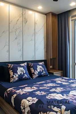 Elegant Bedroom with Marble Wall Panels and Floral Accents | Material Depot