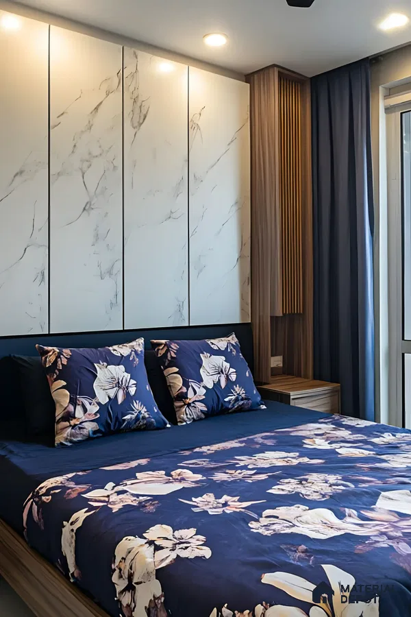Elegant Bedroom with Marble Wall Panels and Floral Accents | Material Depot