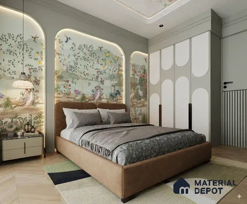 Elegant Bedroom with Nature-Inspired Wallpaper in 3BHK Apartment, Brigade Metropolis Mahadevpura Whitefield | Material Depot