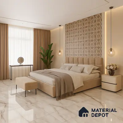 Elegant Bedroom with Patterned Accent Wall and Marble Flooring | Material Depot