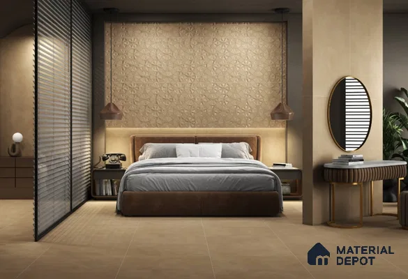 Elegant Bedroom with Warm Beige 3D Accent Wall and Earthy Matte Tiles – Cozy & Luxurious Design | Material Depot