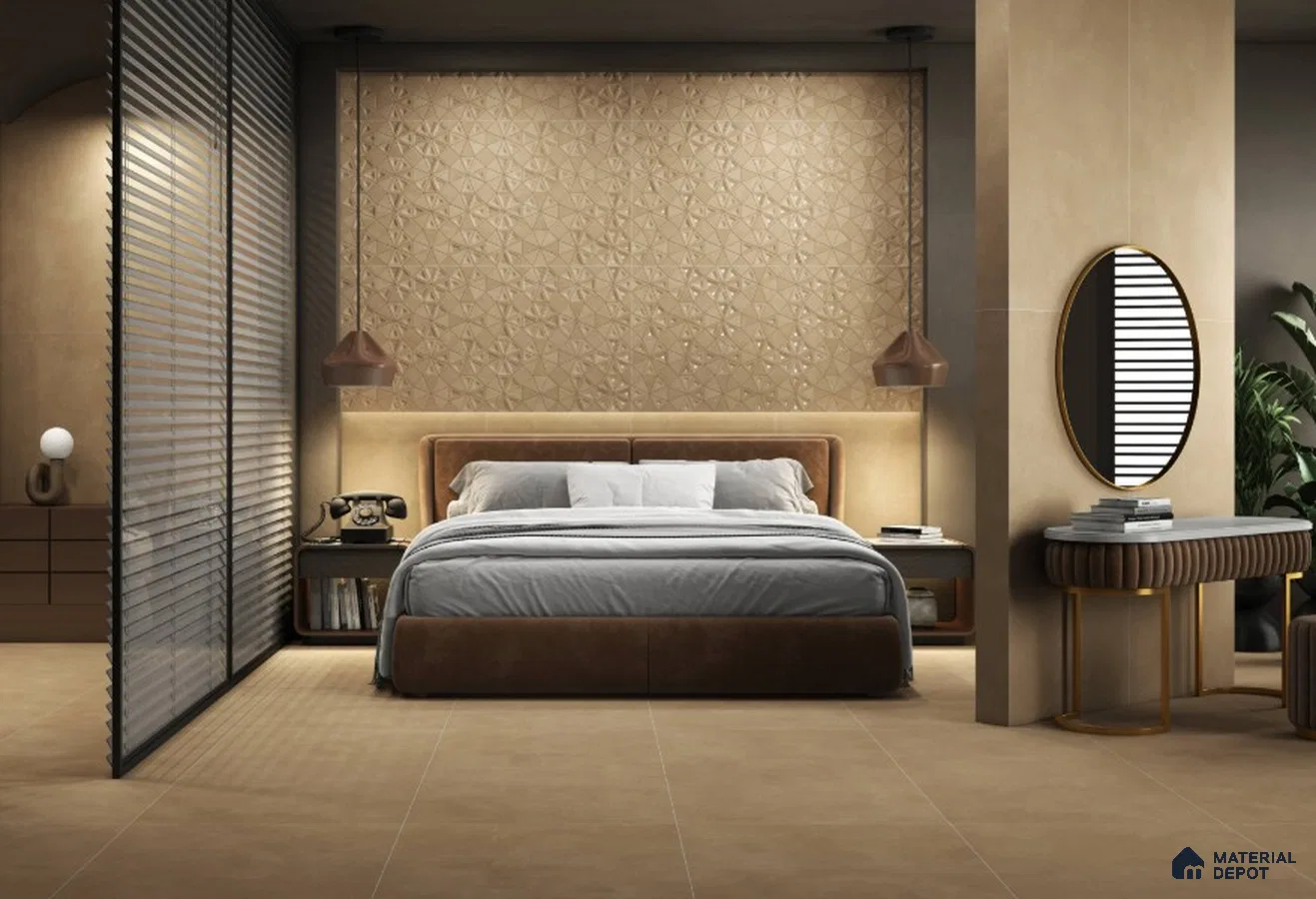 Elegant Bedroom with Warm Beige 3D Accent Wall and Earthy Matte Tiles – Cozy & Luxurious Design | Material Depot