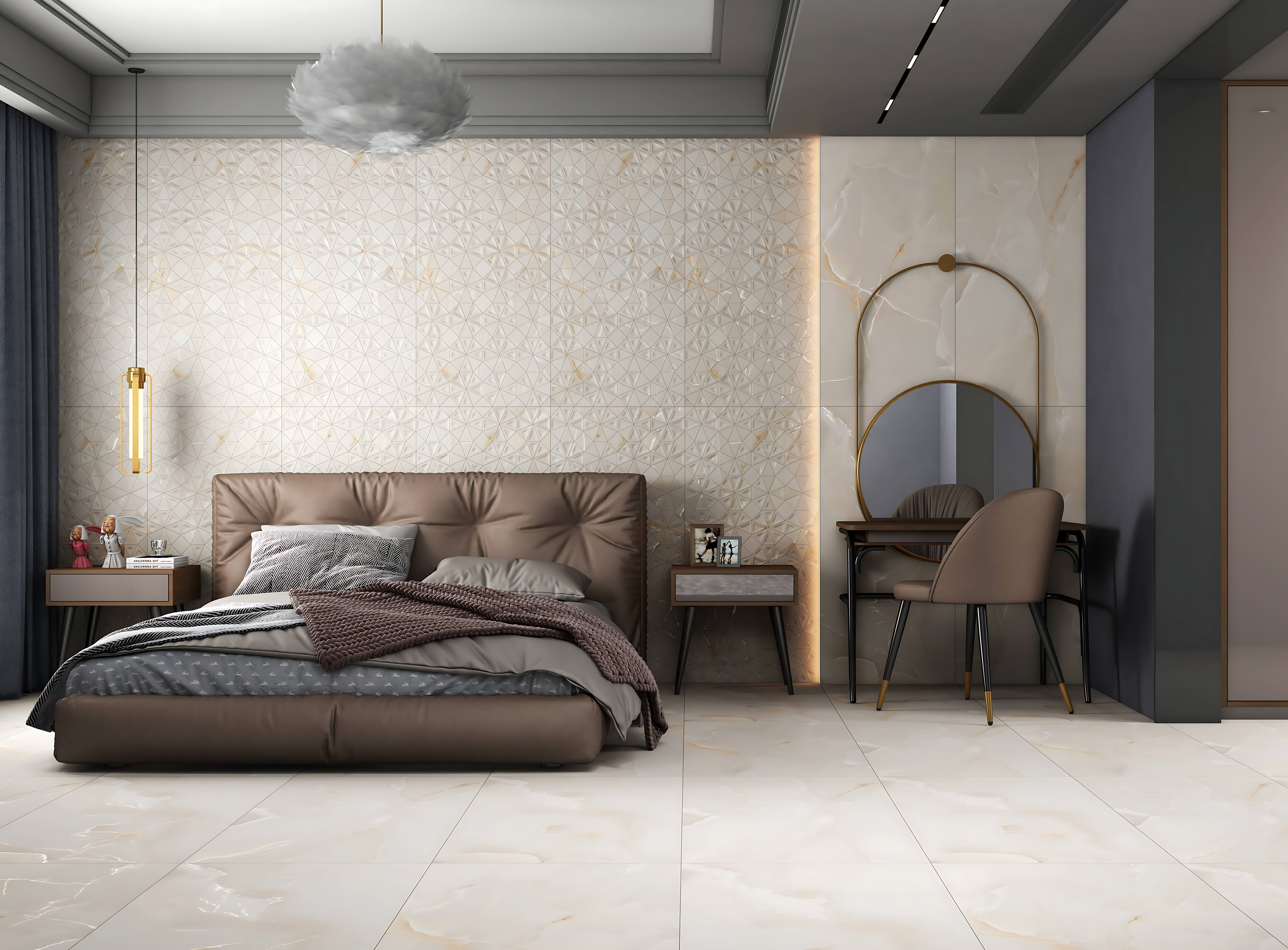 Elegant Bedroom with White 3D Geometric Accent Wall and Marble Finish Tiles – Luxury & Modern Design | Material Depot