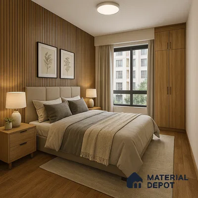 Elegant bedroom with wooden louvers in 2BHK Prestige Somerville Whitefield | Material Depot