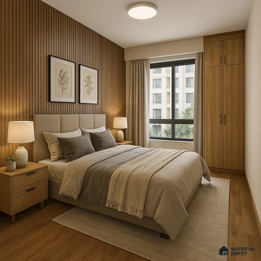 Elegant bedroom with wooden louvers in 2BHK Prestige Somerville Whitefield | Material Depot
