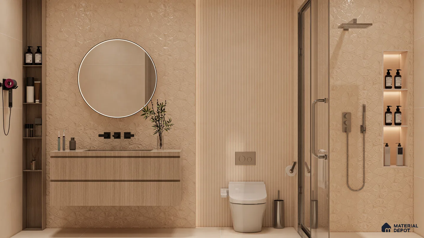 Elegant Beige Bathroom with Fluted and 3D Highlighter Tiles | Material Depot