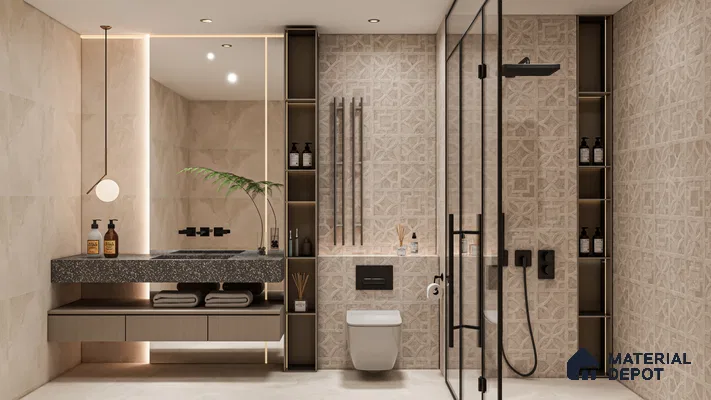 Elegant Beige Bathroom with Intricate Patterned Tiles | Material Depot