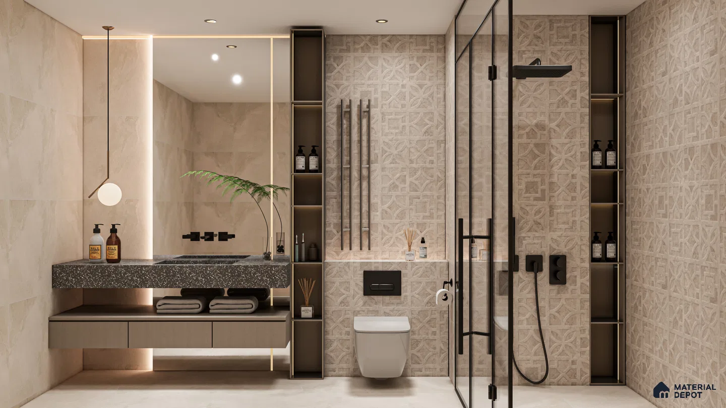Elegant Beige Bathroom with Intricate Patterned Tiles | Material Depot