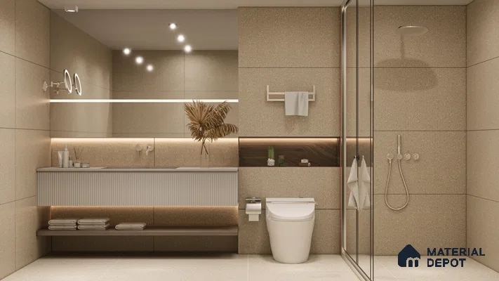 Elegant Beige Bathroom with Subtle Terrazzo Texture and Warm Accents | Material Depot