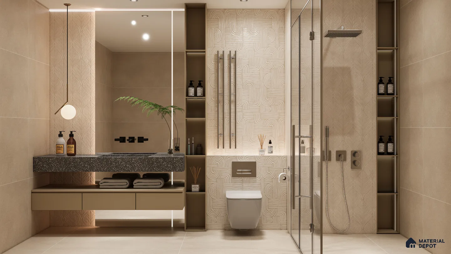 Elegant Beige Bathroom with Textured Highlighter Tiles and Terrazzo Vanity | Material Depot