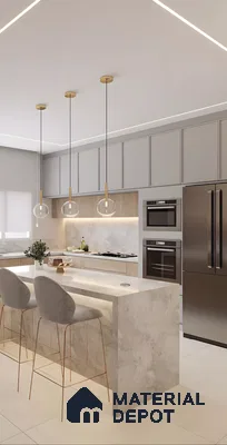 Elegant Beige Kitchen With Marble Island, Glass Pendants, And Built-In Appliances | Material Depot