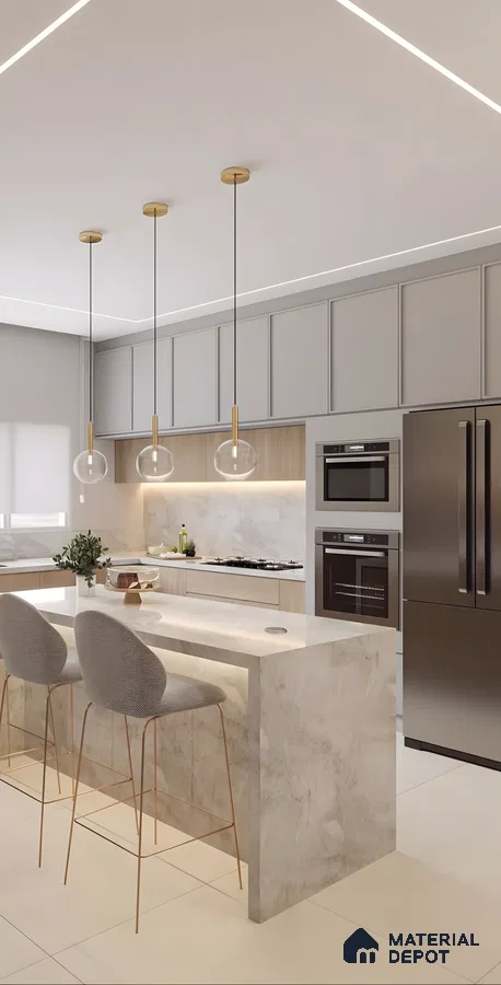 Elegant Beige Kitchen With Marble Island, Glass Pendants, And Built-In Appliances | Material Depot