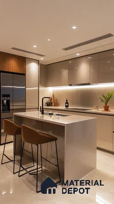 Elegant Beige-Themed Kitchen with High-Gloss Laminates and Stone Countertop | Material Depot