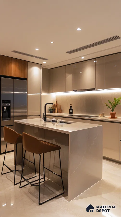 Elegant Beige-Themed Kitchen with High-Gloss Laminates and Stone Countertop | Material Depot
