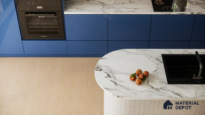 Elegant Blue and Beige Kitchen with Patterned Floor Tiles | Material Depot