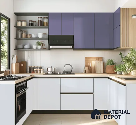 Elegant Blue and White Kitchen with Open Shelving for a Modern Look | Material Depot