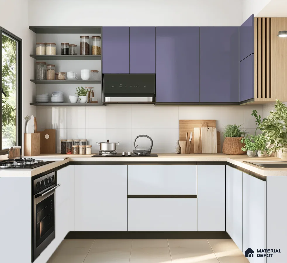 Elegant Blue and White Kitchen with Open Shelving for a Modern Look | Material Depot