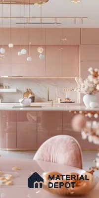 Elegant Blush Pink Modular Kitchen With Gold Accents And Gloss Finish | Material Depot