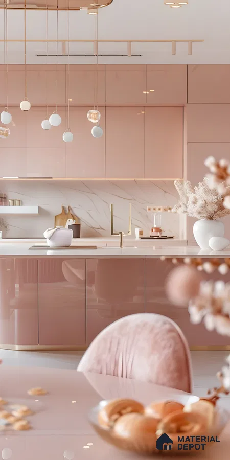Elegant Blush Pink Modular Kitchen With Gold Accents And Gloss Finish | Material Depot