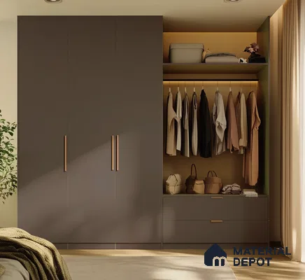 Elegant Brown Wardrobe with Gold Handles for a Warm Bedroom Aesthetic | Material Depot