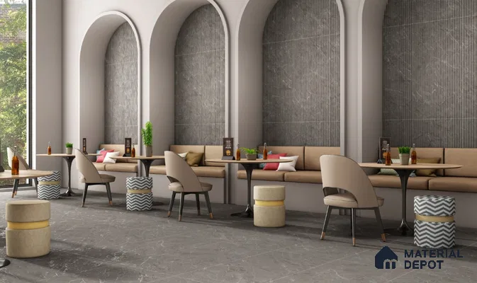 Elegant Café with Arched Wall Niches and Fluted Grey Accent Tiles | Material Depot
