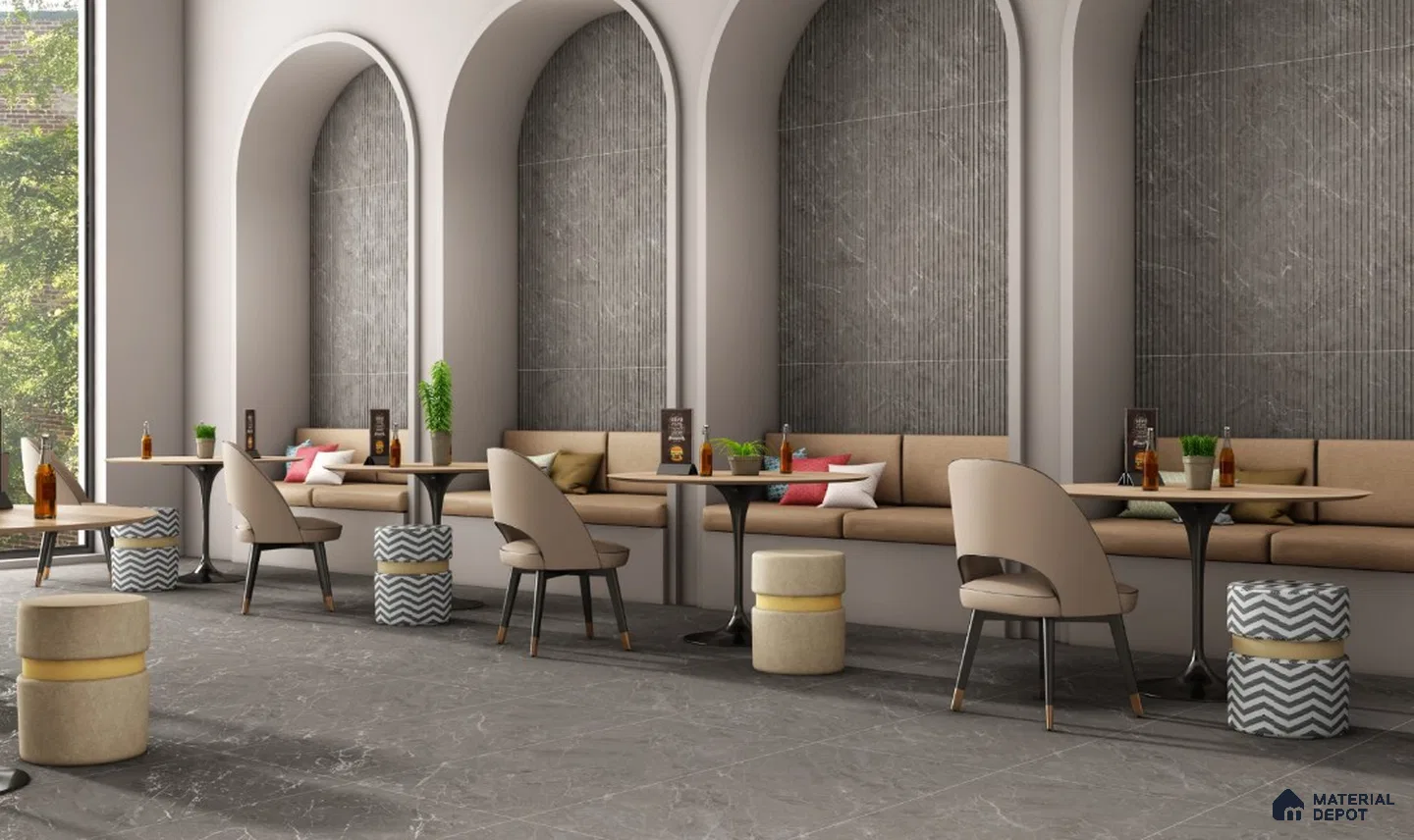 Elegant Café with Arched Wall Niches and Fluted Grey Accent Tiles | Material Depot