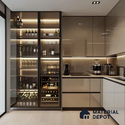 Elegant Champagne Sparkle Glossy Solid Laminate Kitchen with Modern Storage Design | Material Depot