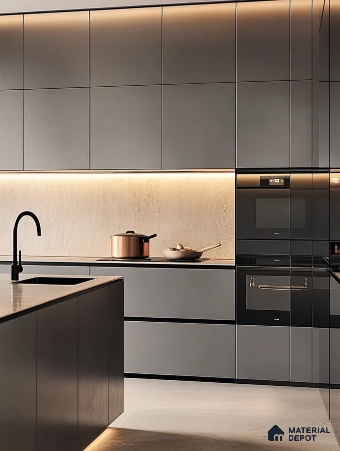 Elegant Charcoal Kitchen with Ambient Lighting | Material Depot