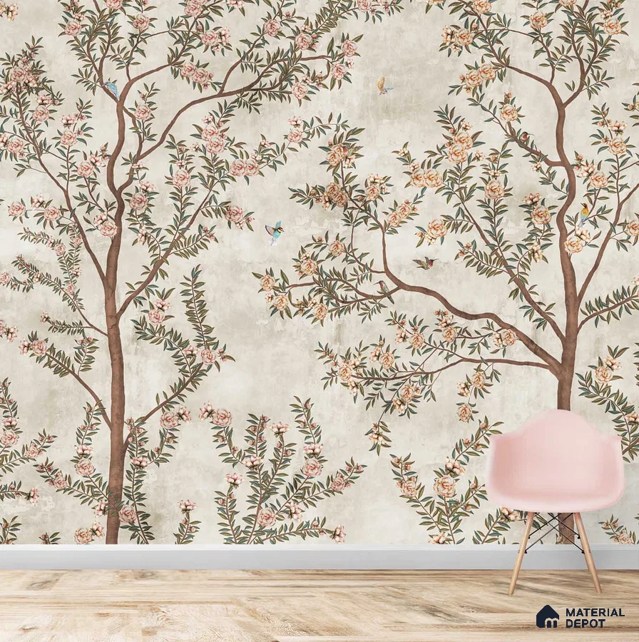A close-up of a Chinoiserie Pattern Wallpaper for Walls, Customised Indrani Series Soft Feel Tropical Design (Customised Size Wallpaper )available at Material Depot in Bangalore