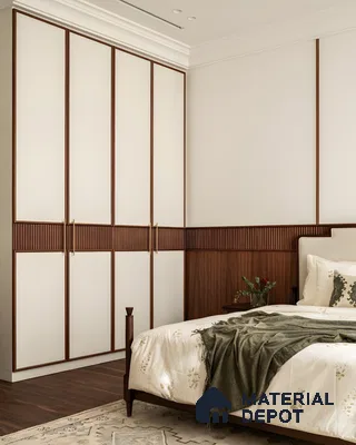Elegant Classic Bedroom Wardrobe With Fluted Wood Detailing And Off-White Pu Shutters In A Warm Neutral Palette | Material Depot