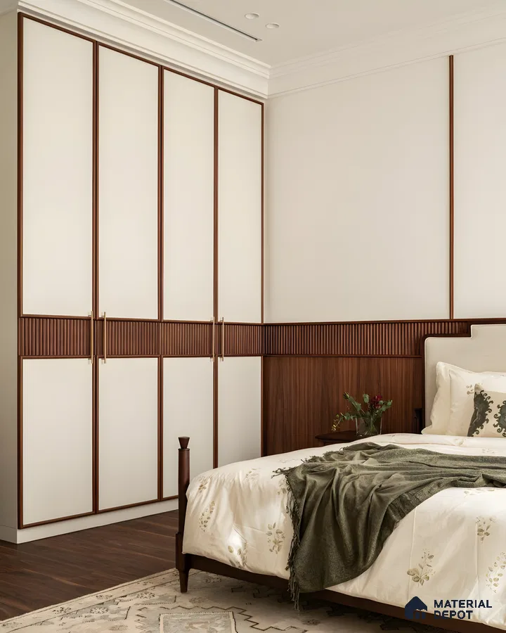 Elegant Classic Bedroom Wardrobe With Fluted Wood Detailing And Off-White Pu Shutters In A Warm Neutral Palette | Material Depot