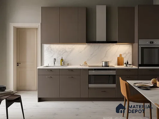Elegant Contemporary Kitchen with Gray Cabinets and Marble Accents | Material Depot