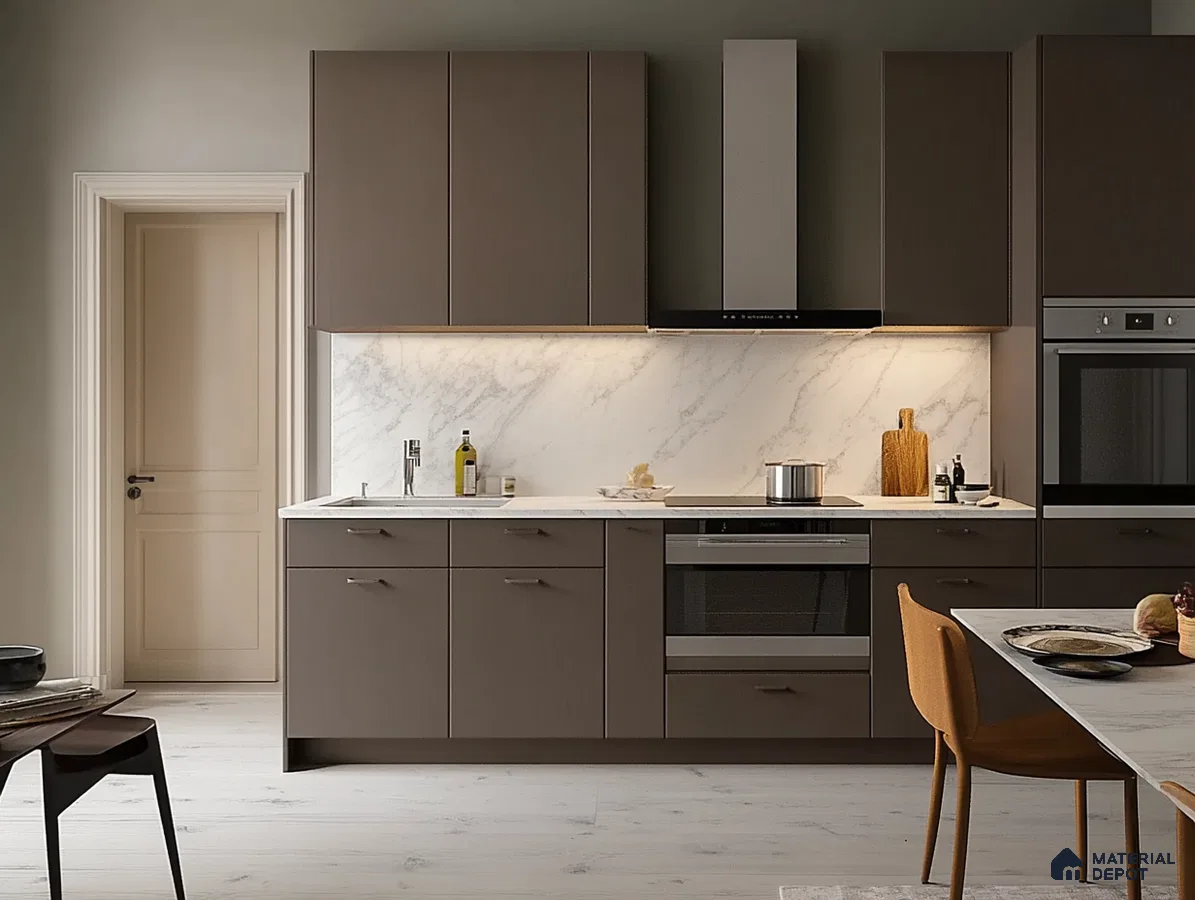Elegant Contemporary Kitchen with Gray Cabinets and Marble Accents | Material Depot