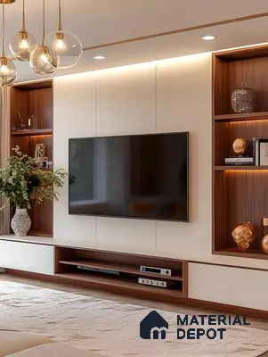 Elegant Cream And Walnut Tv Wall With Warm Shelf Lighting And Gloss Accents | Material Depot