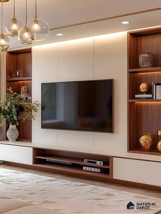 Elegant Cream And Walnut Tv Wall With Warm Shelf Lighting And Gloss Accents | Material Depot