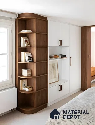 Elegant Curved Wood and White Cabinetry with Built-in Shelves | Material Depot