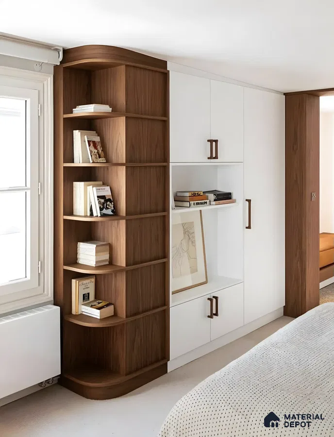 Elegant Curved Wood and White Cabinetry with Built-in Shelves | Material Depot