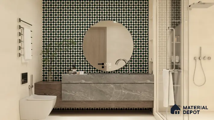 Elegant Dark Green Diamond Patterned Tiles for Modern Bathrooms | Material Depot
