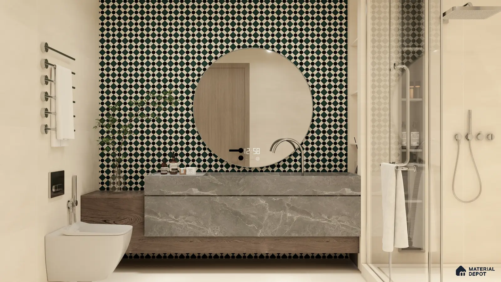 Elegant Dark Green Diamond Patterned Tiles for Modern Bathrooms | Material Depot