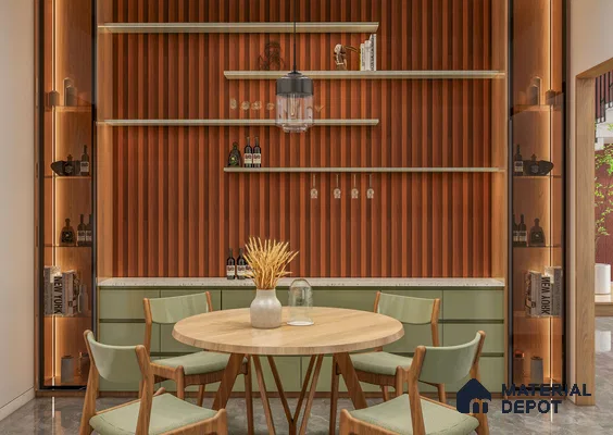Elegant Dining Bar Setup with Terracotta Fluted Panels and Open Glass Shelves | Material Depot