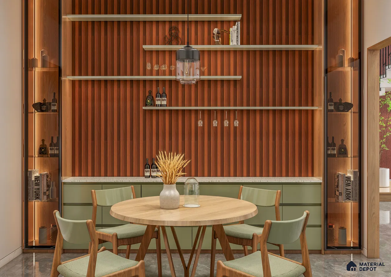 Elegant Dining Bar Setup with Terracotta Fluted Panels and Open Glass Shelves | Material Depot