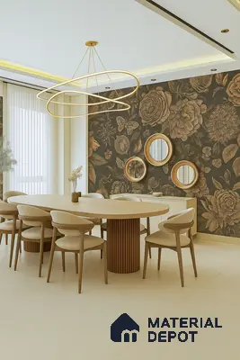 Elegant Dining Room with Floral Accent Wall and Modern Lighting | Material Depot