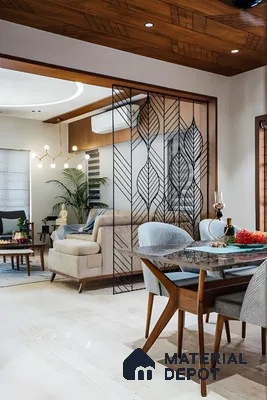 Elegant Dining Room with Natural Wood Accents and Geometric Partition | Material Depot