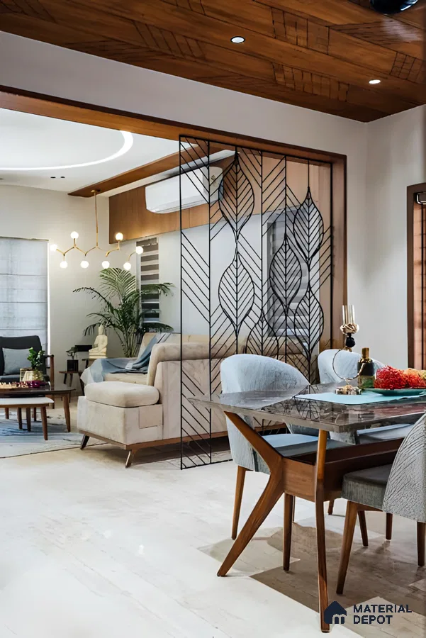Elegant Dining Room with Natural Wood Accents and Geometric Partition | Material Depot