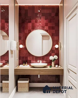 Elegant Double Sink Bathroom with Burgundy Tiles | Material Depot