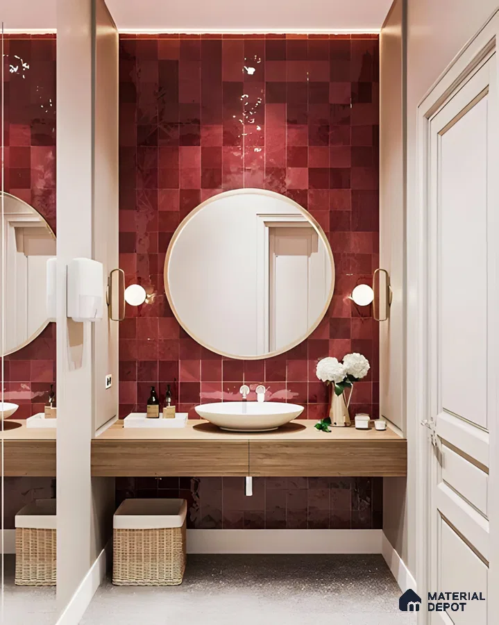 Elegant Double Sink Bathroom with Burgundy Tiles | Material Depot
